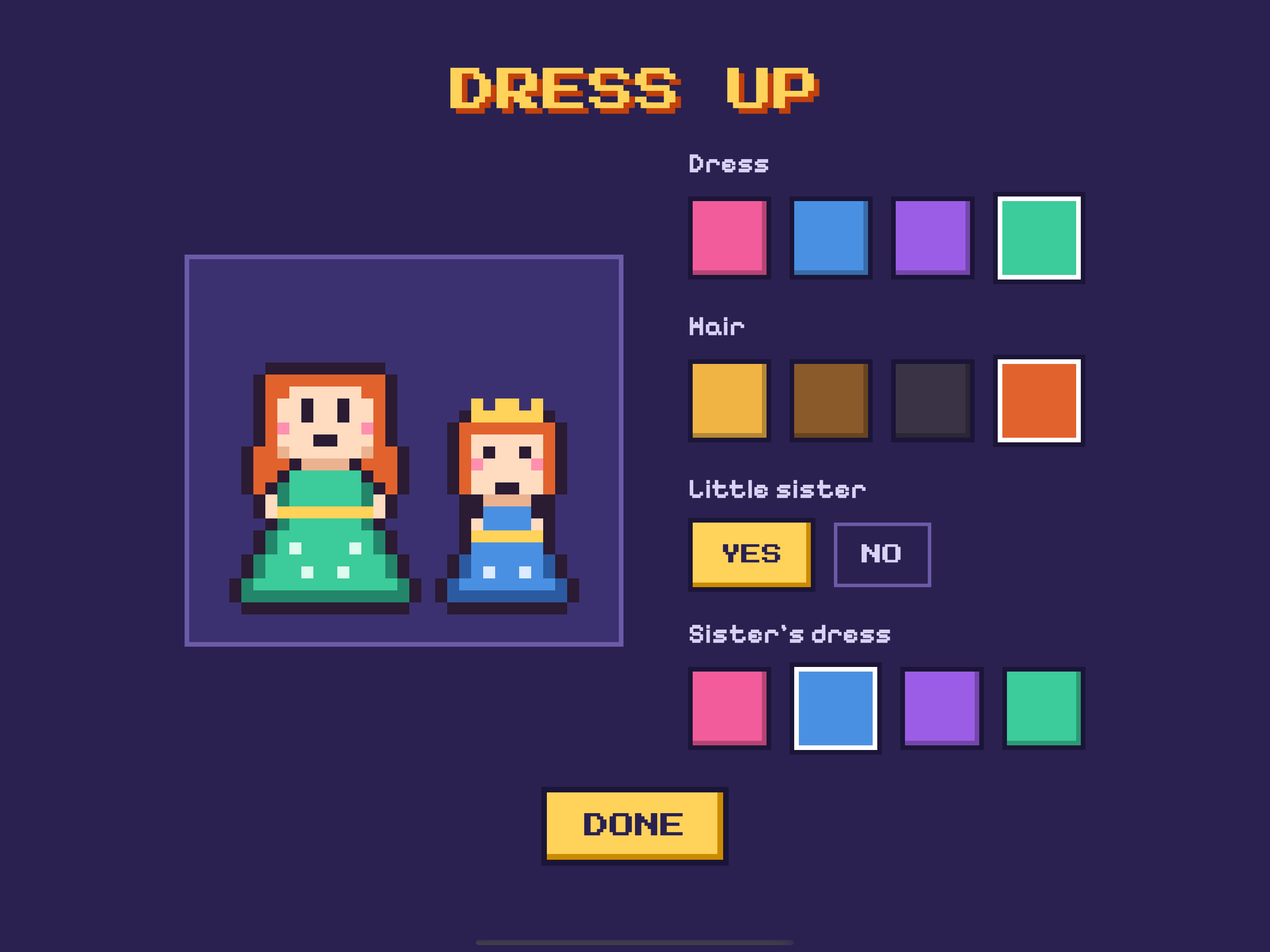 The dress-up screen with the princess and her little sister