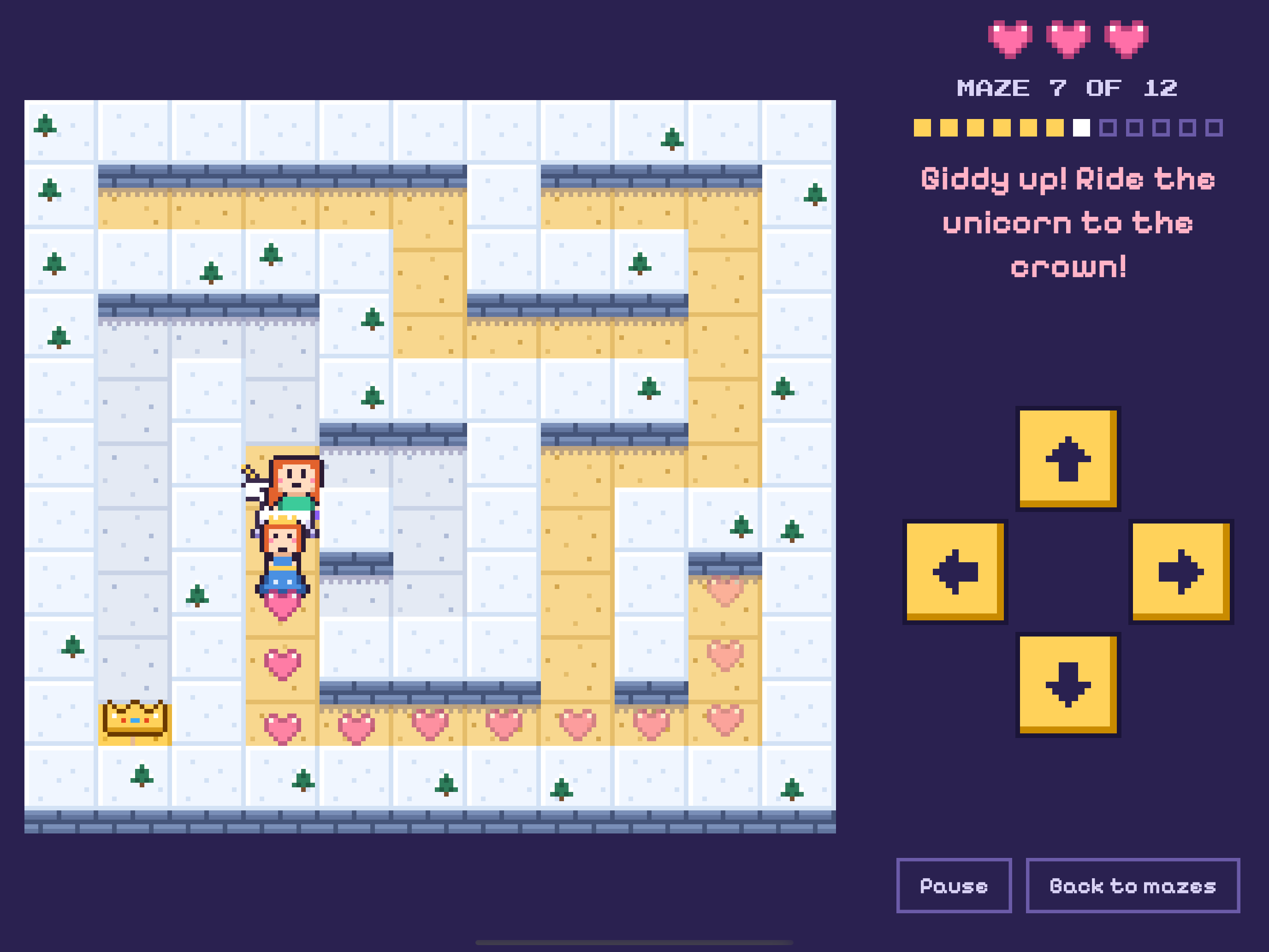 The princess riding the unicorn through a snowy winter maze, leaving a trail of hearts